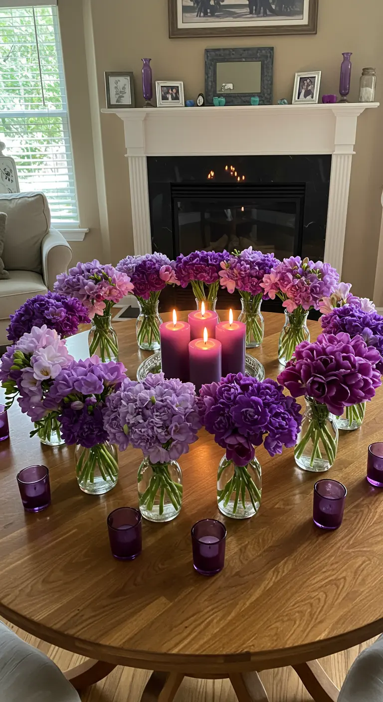 Mesa de comedor redonda con un gran centro de mesa de flores moradas y velas encendidas.