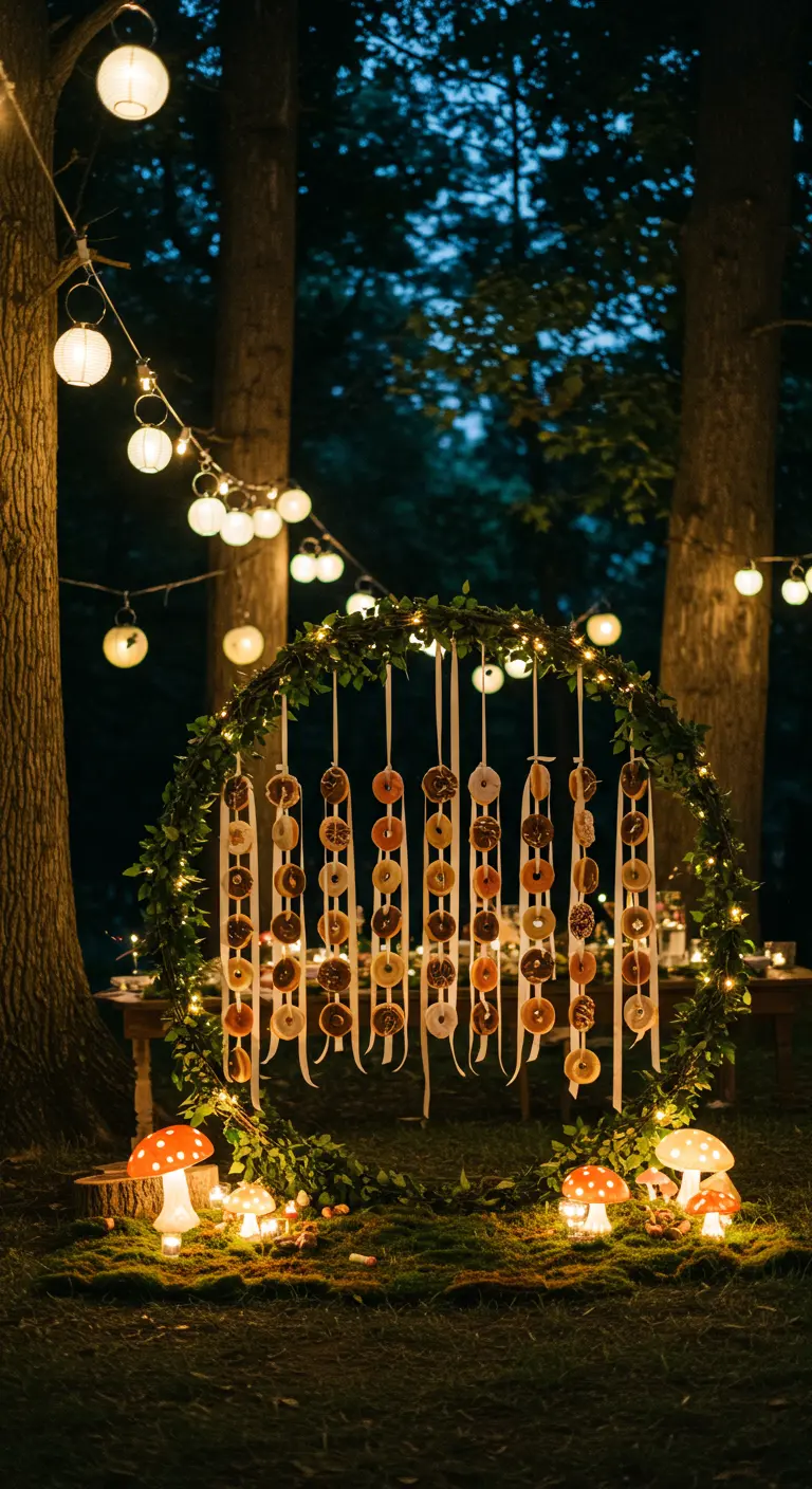 Aro grande cubierto de vegetación con donuts colgando de cintas en un bosque iluminado.