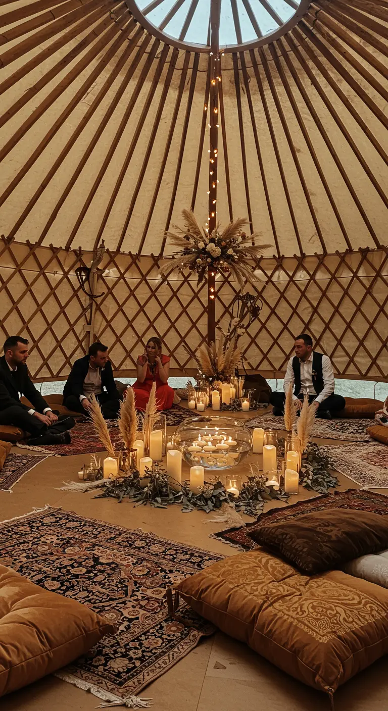 Ceremonia de boda íntima en una yurt con un círculo de velas y cojines en el suelo.