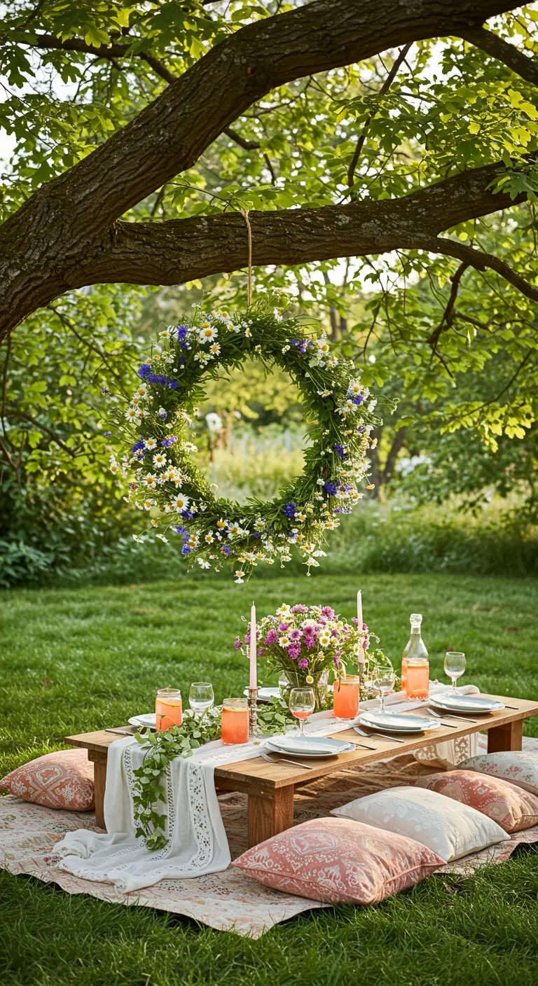 Corona de flores silvestres colgando de un árbol sobre un picnic bohemio en el césped.