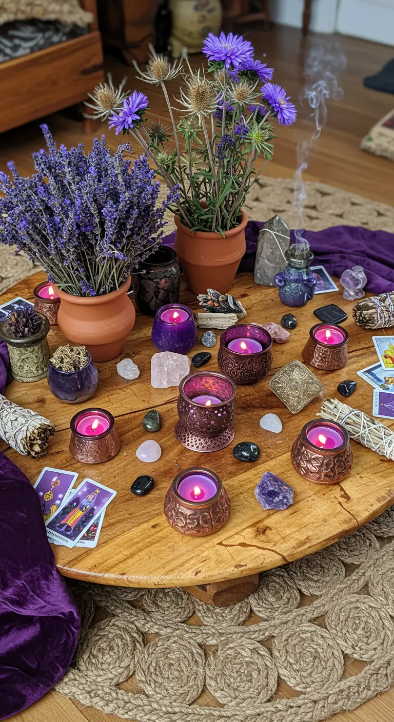 Altar circular de madera con cartas del tarot, cristales, velas moradas y lavanda.