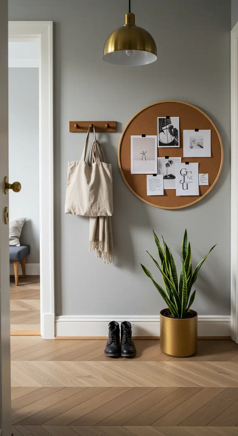 Entrada minimalista con un tablero de corcho redondo, perchero de madera y una planta.