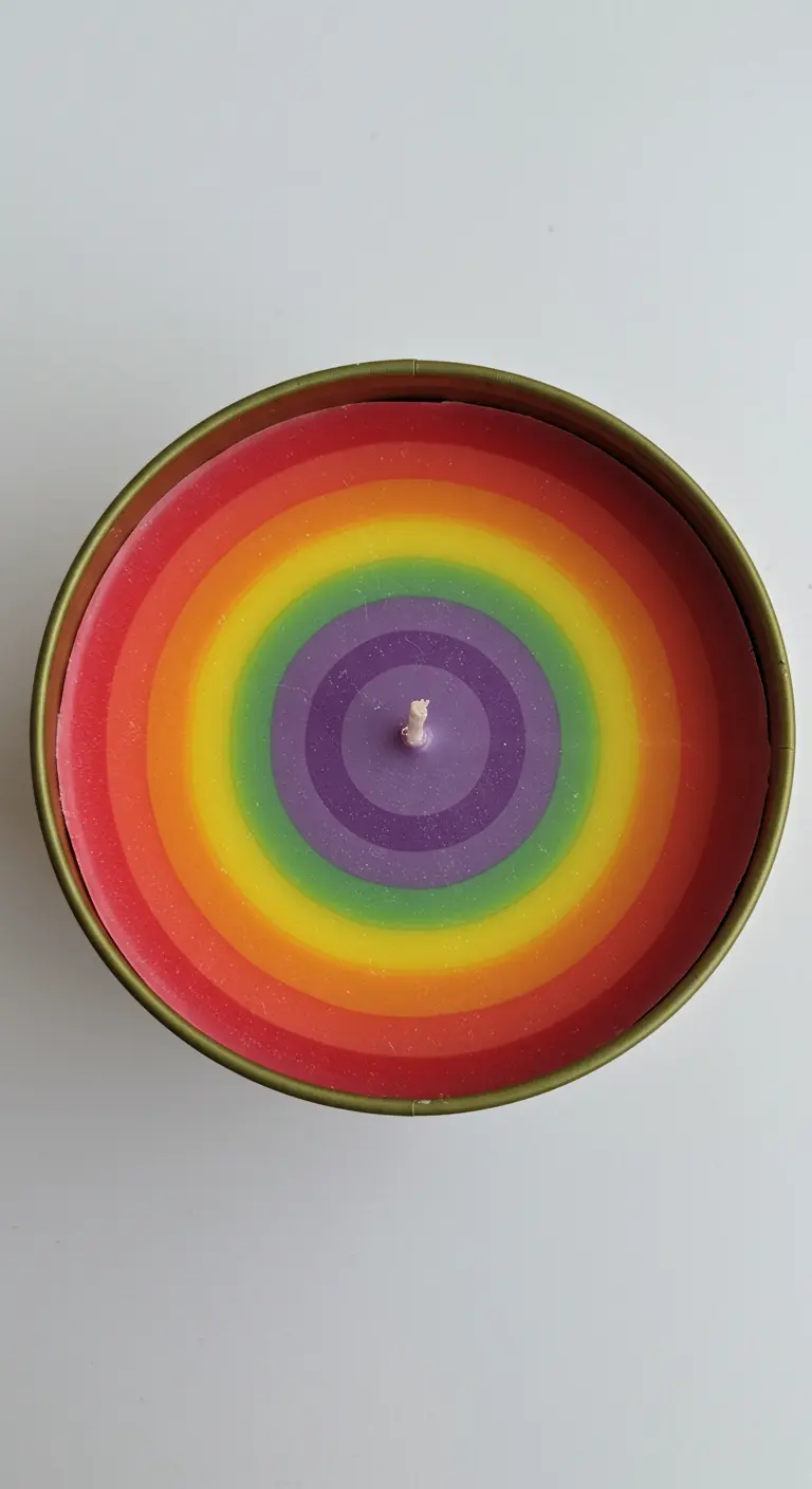 Vista superior de una vela redonda en una lata con círculos concéntricos de colores del arcoíris.