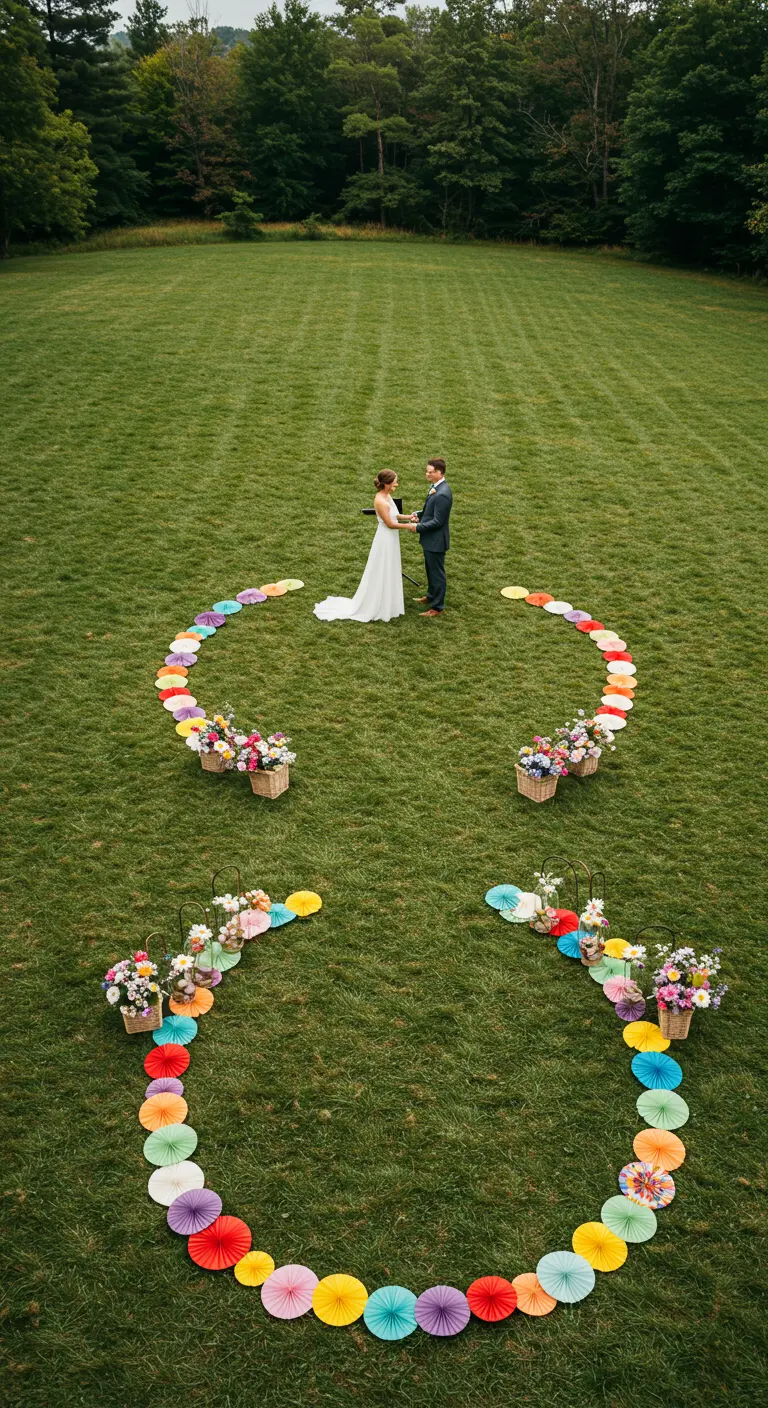 Pareja de novios en el centro de dos semicírculos hechos con rosetones de papel de colores en el césped.