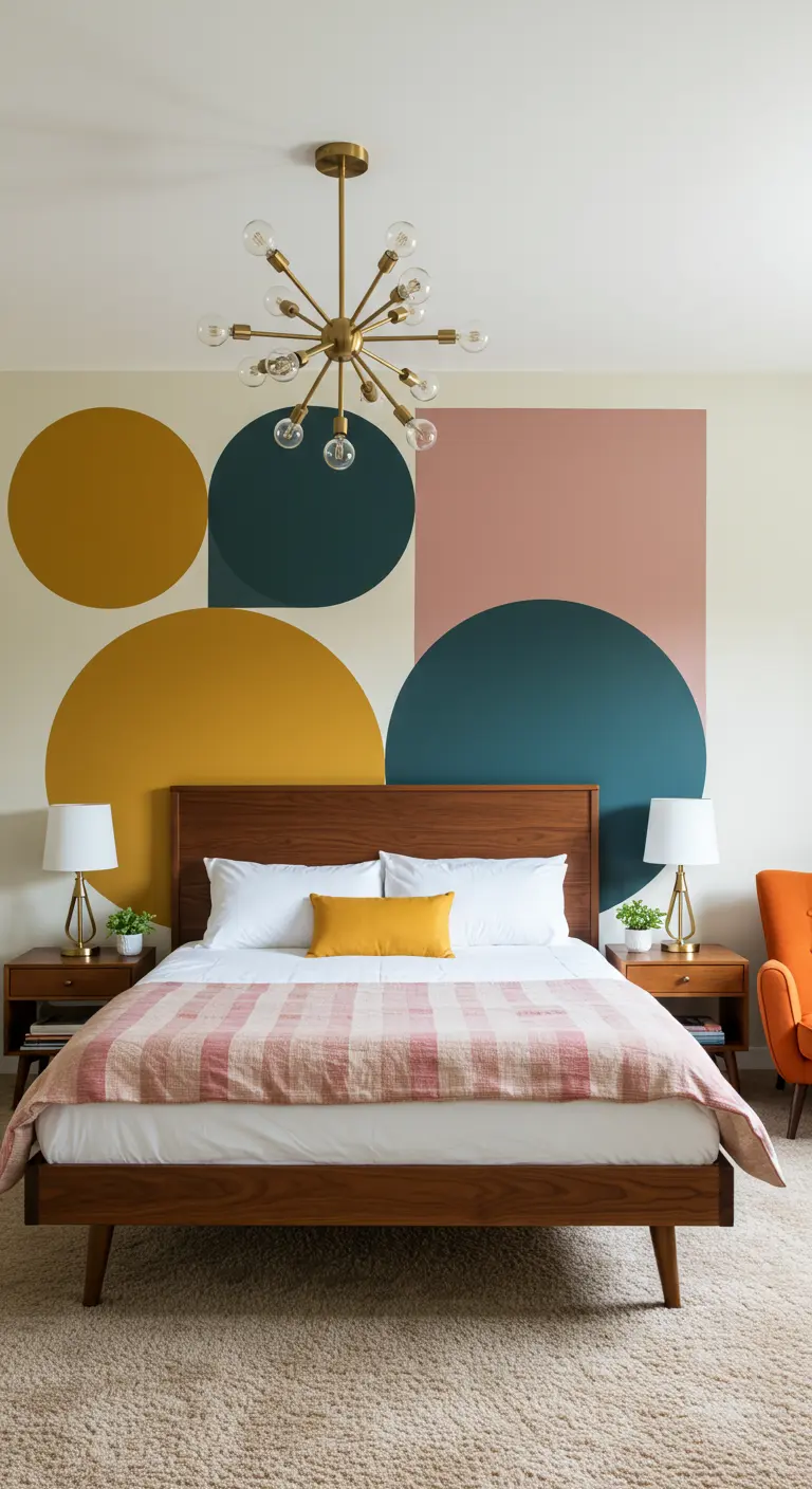 Mural geométrico con círculos y rectángulos en tonos mostaza, verde y rosa detrás de la cama.