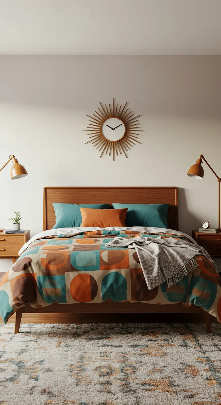 Cama de madera Mid-Century con edredón de estampado geométrico y cojines lisos.