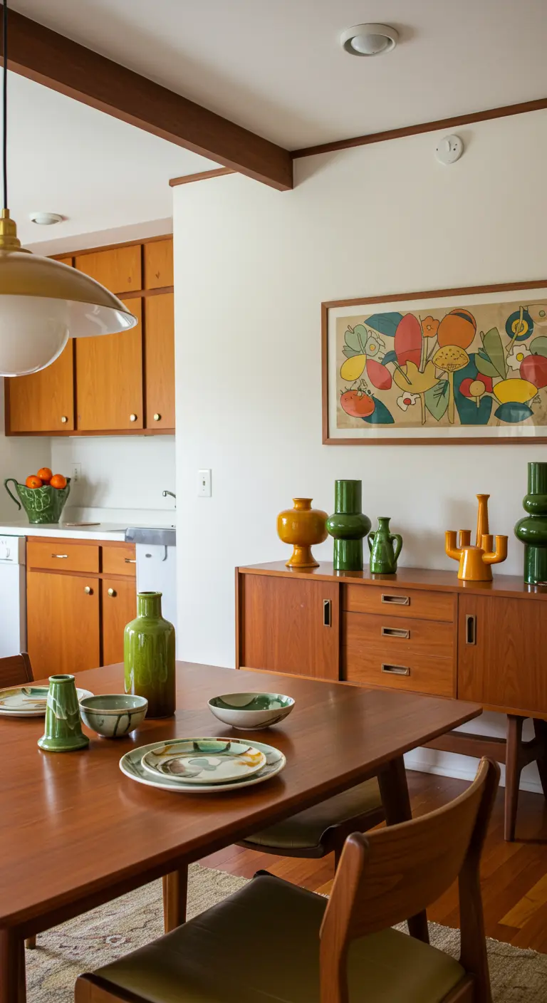 Comedor de estilo Mid-Century Modern con jarrones de cerámica de colores.
