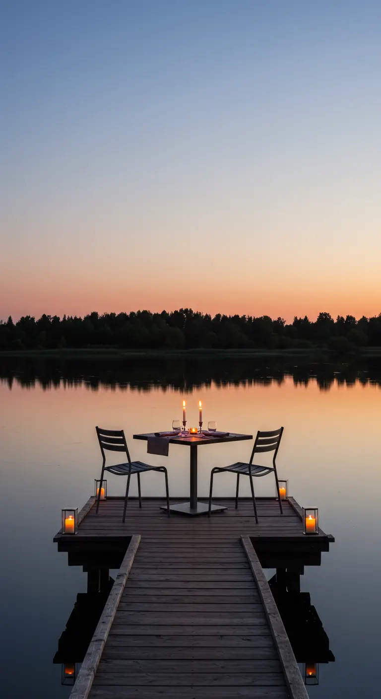 Mesa para dos al final de un muelle de madera, con velas y el reflejo del atardecer en el agua.