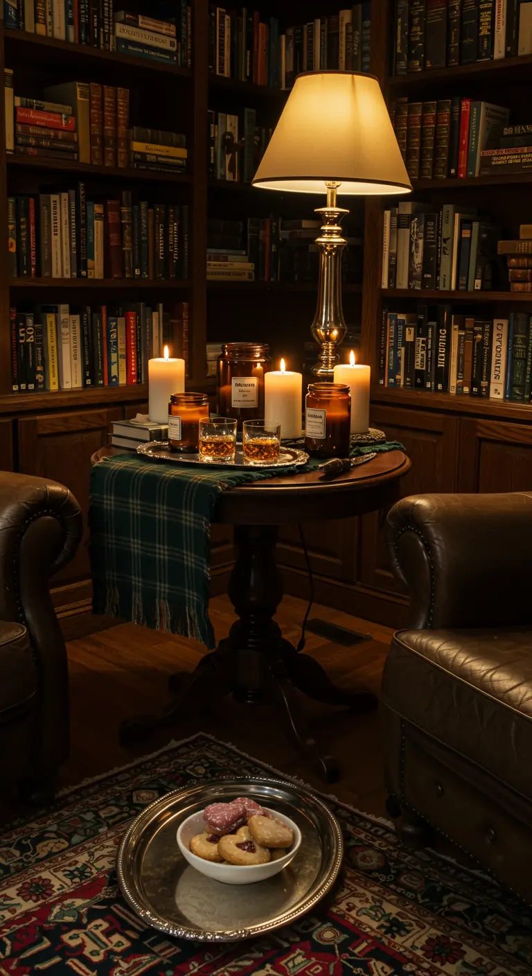 Rincón de lectura acogedor con una mesa pequeña, velas, bebidas y galletas.