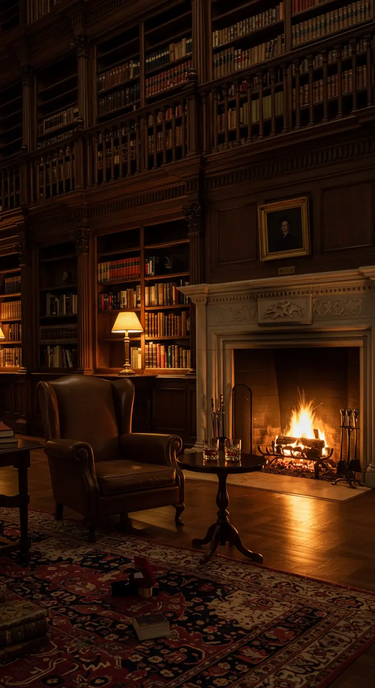 Acogedora biblioteca con chimenea encendida, sillón de cuero y luz cálida.