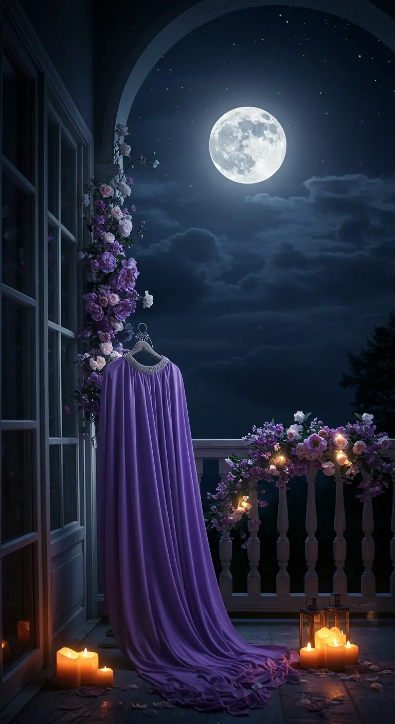 Balcón romántico de noche con luna llena, flores moradas y una capa de tela.