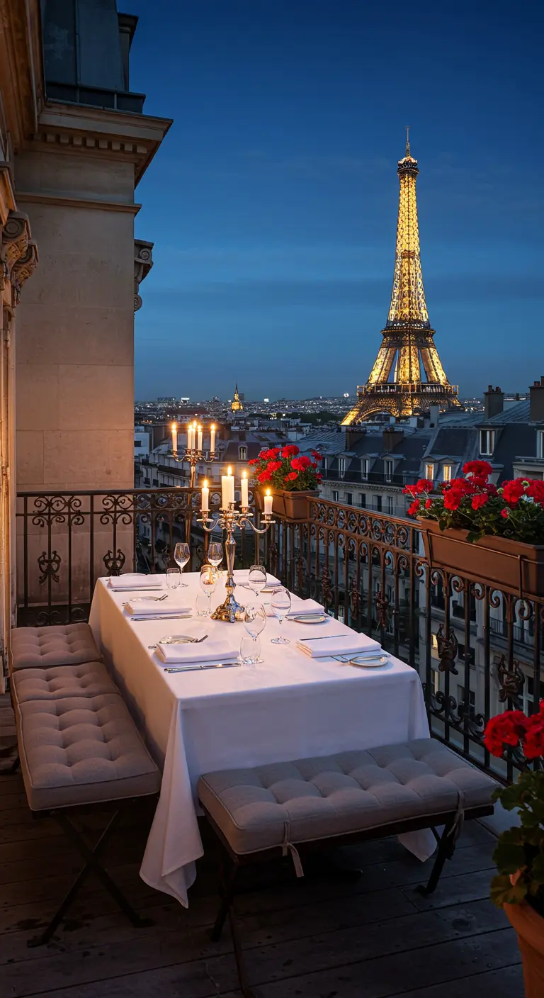 Balcón parisino con mesa elegante, candelabro y vistas nocturnas a la Torre Eiffel.