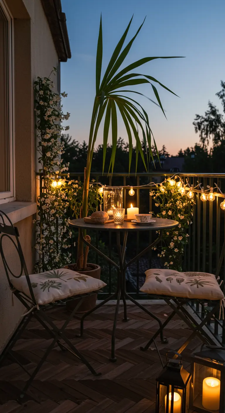 Balcón íntimo de noche con mesa de bistró, guirnaldas de luces y velas