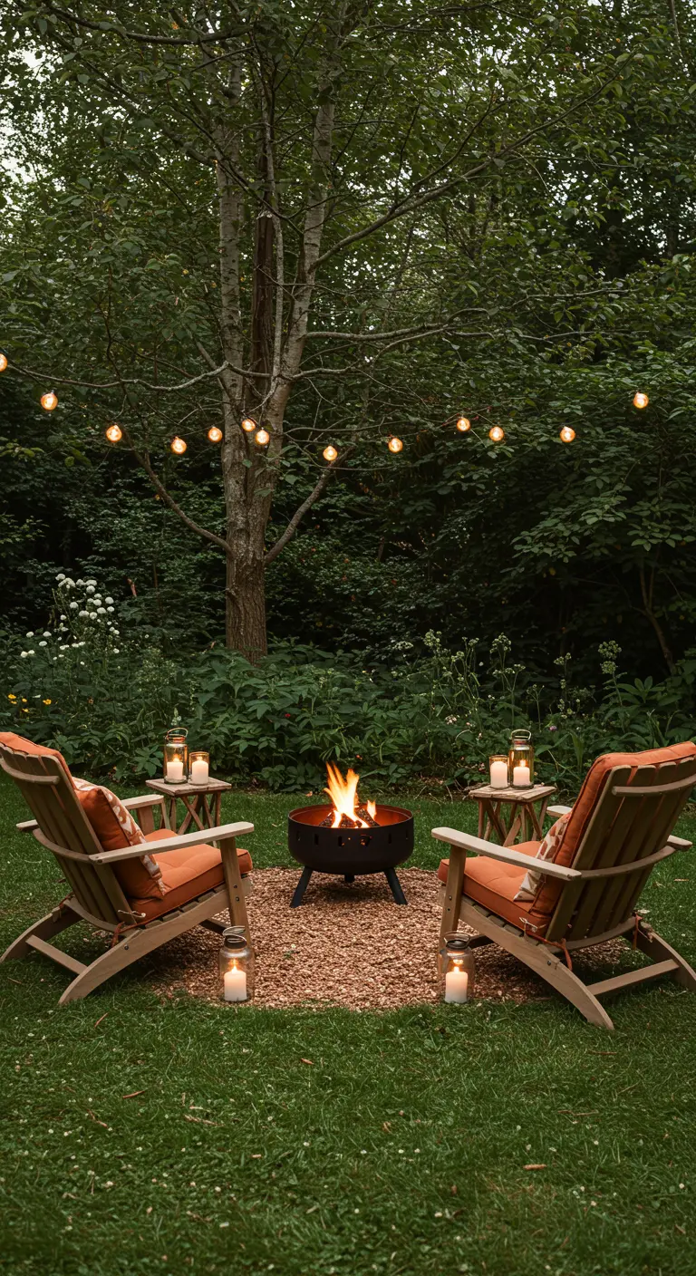 Dos sillas de madera tipo Adirondack frente a una hoguera en el jardín, con cojines naranjas.