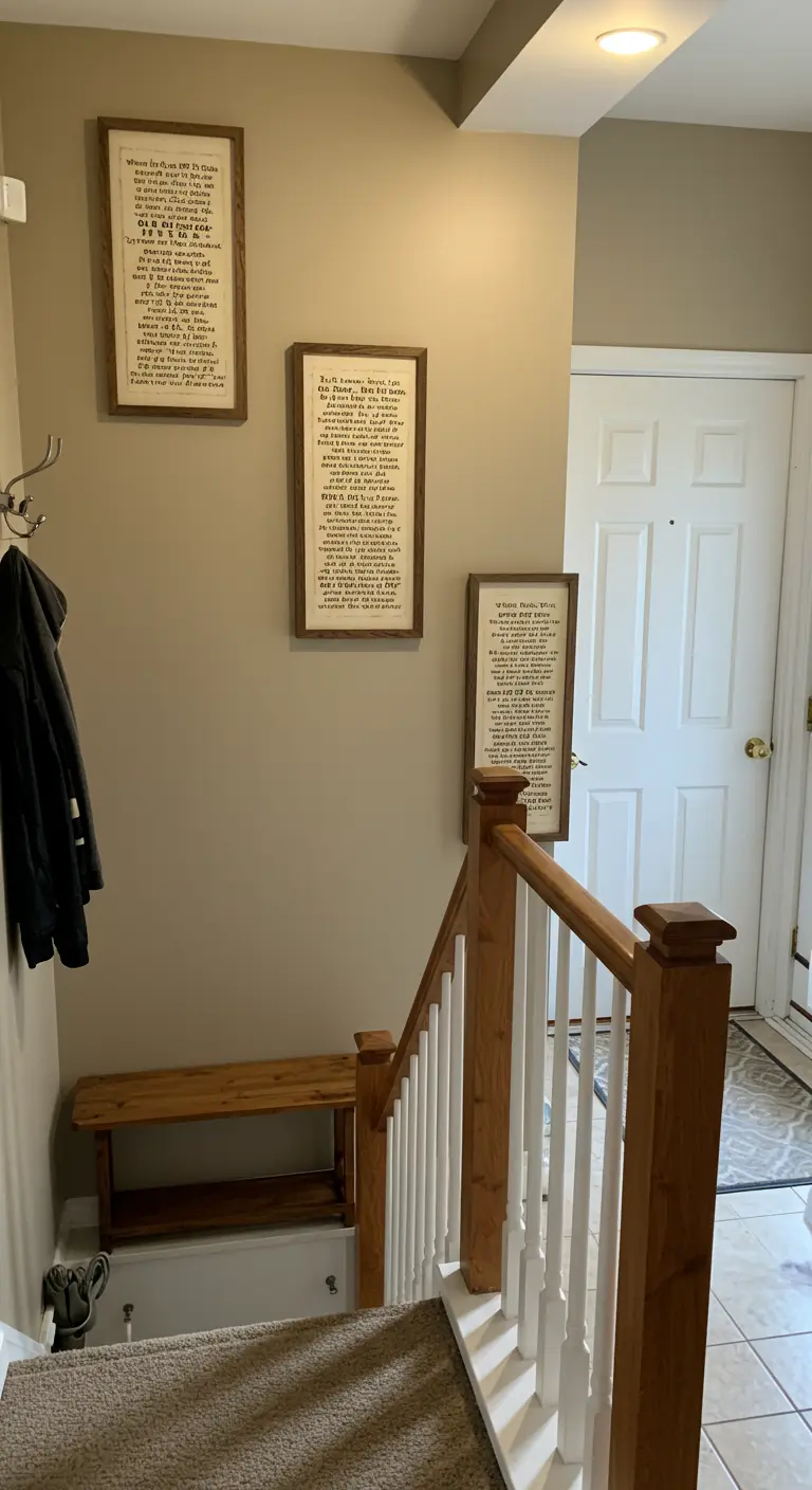 Pared de una escalera decorada con tres cuadros de texto verticales y alargados.