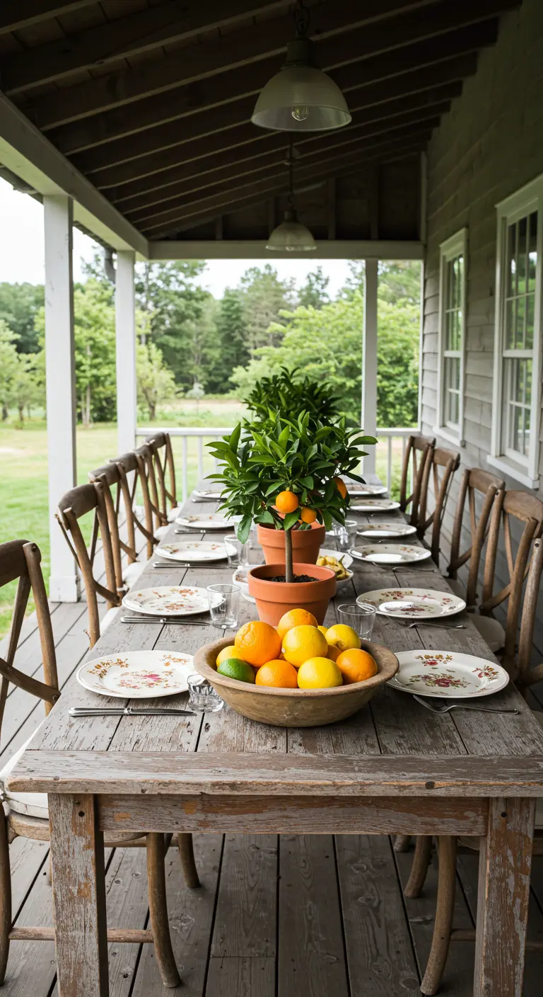 Mesa de comedor rústica en un porche con un naranjo en maceta como centro de mesa.