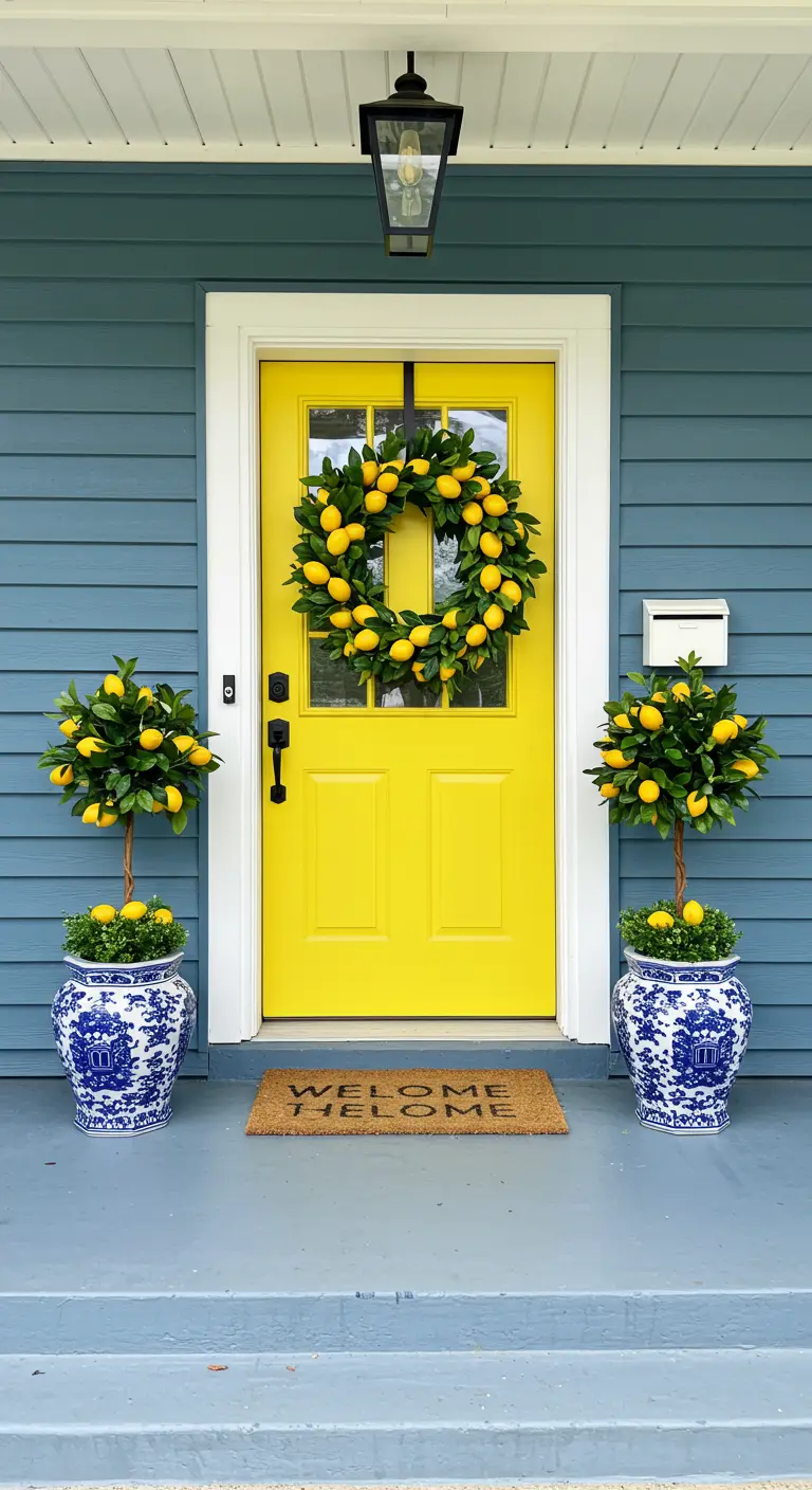 Porche azul con una puerta amarilla brillante, corona de limones y limoneros en macetas de cerámica azul y blanca