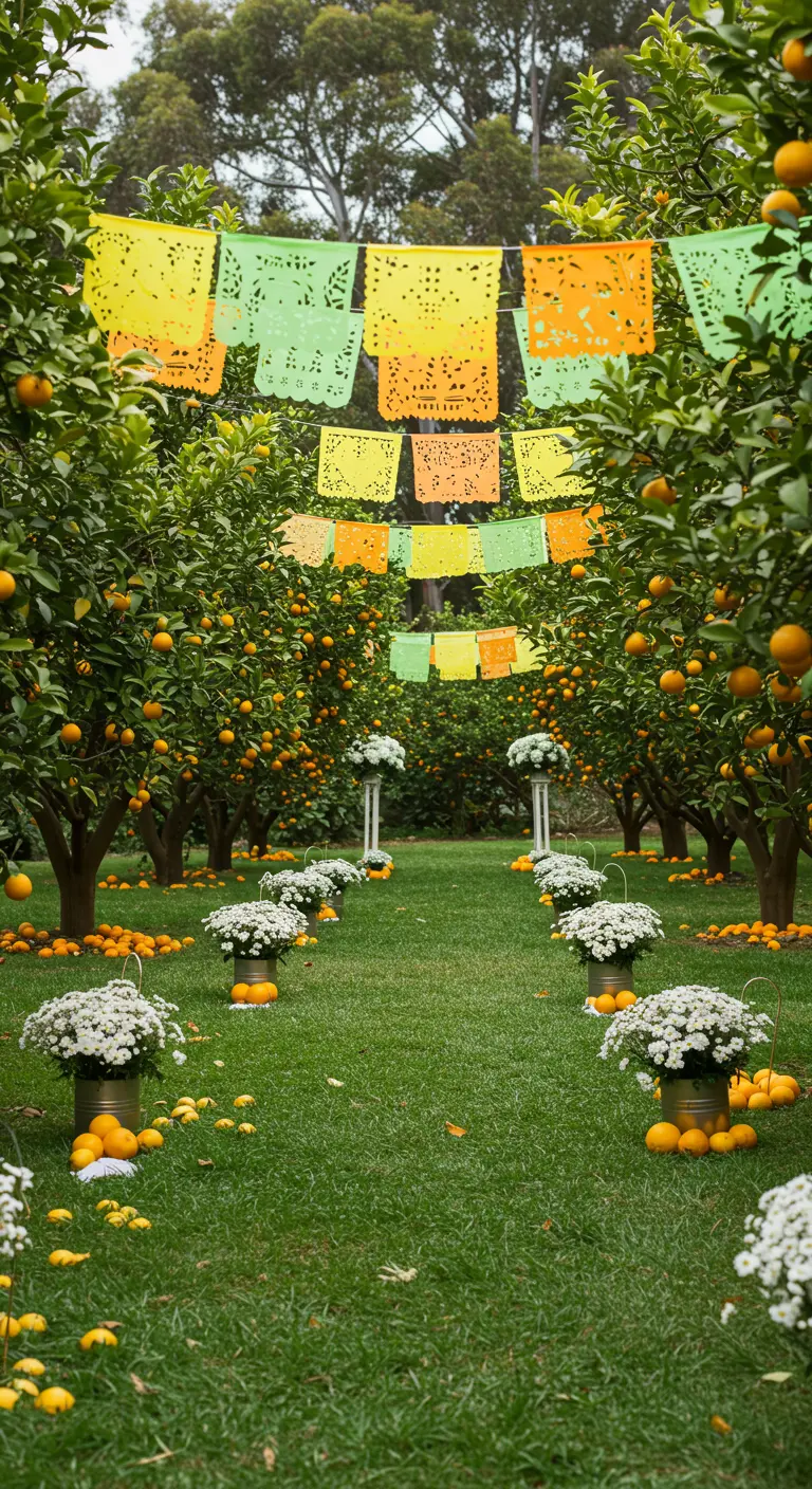 Pasillo de boda en un huerto de naranjos decorado con papel picado amarillo y verde.