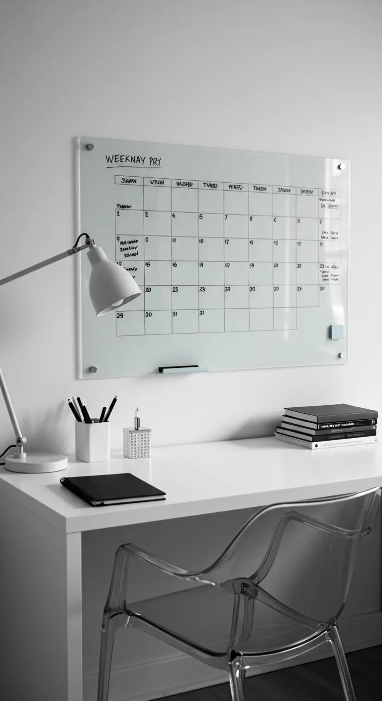 Escritorio minimalista con una pizarra de cristal flotante y una silla de acrílico transparente.