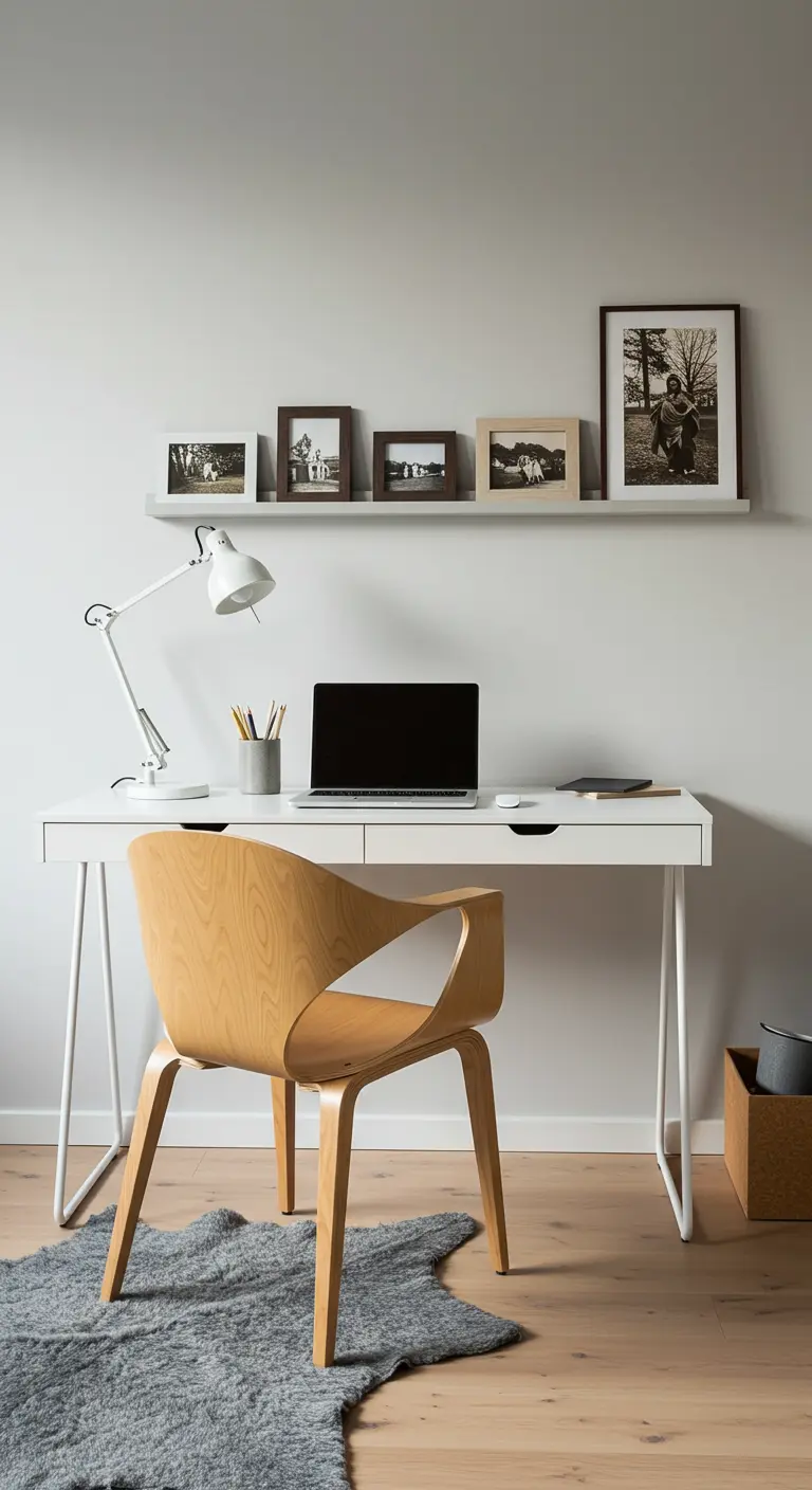 Escritorio blanco minimalista con silla de madera clara y un estante flotante con marcos de fotos.