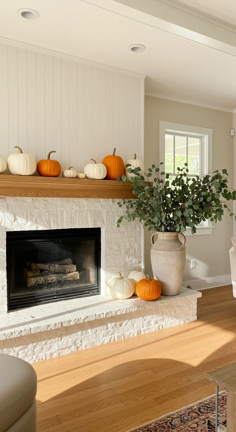 Chimenea de ladrillo blanco con repisa de madera clara, calabazas y un gran jarrón con eucalipto.