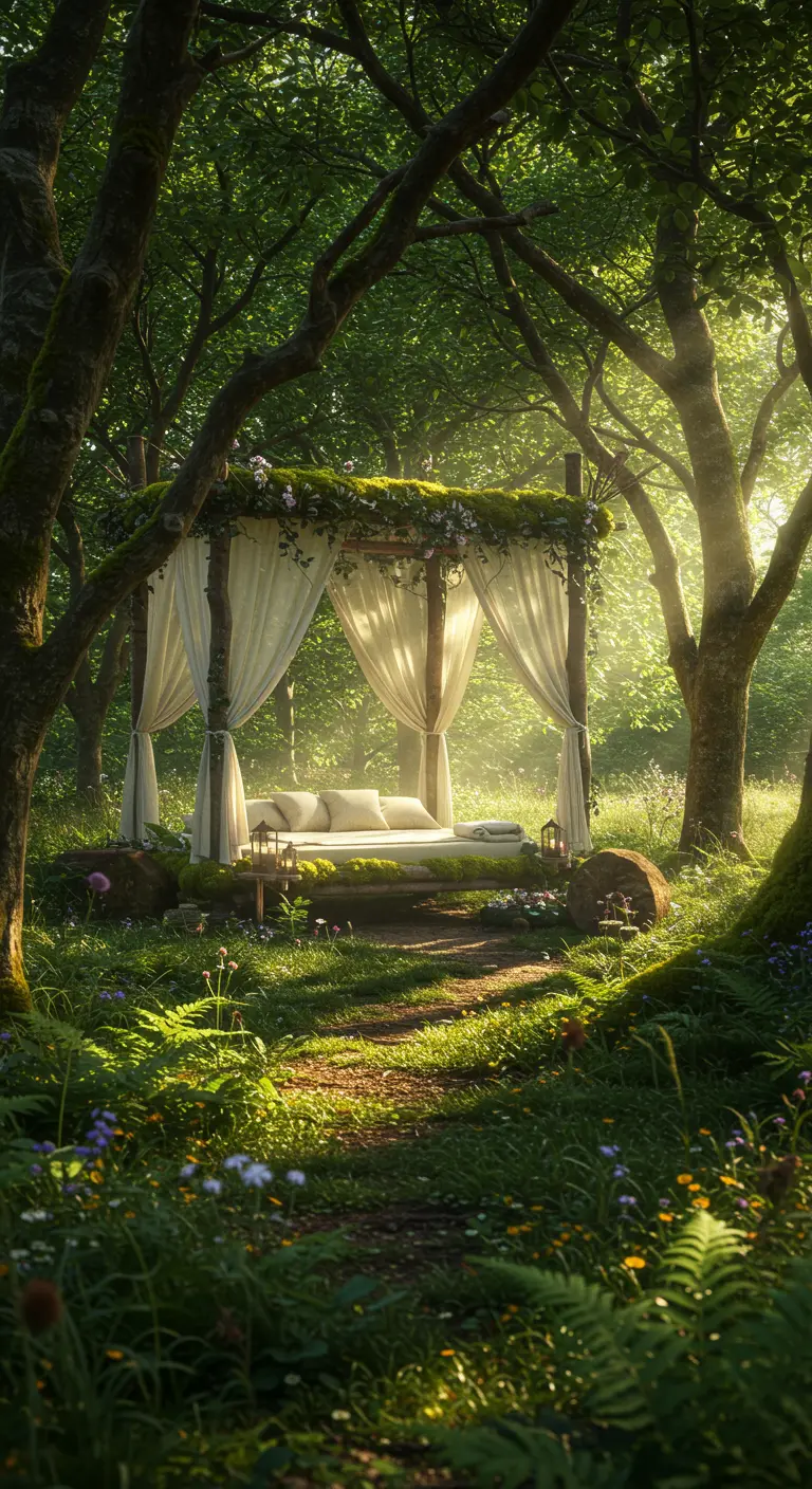 Cama de madera con dosel de musgo y cortinas blancas en un claro de un bosque iluminado