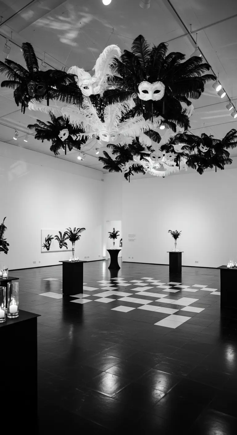 Salón de fiestas minimalista en blanco y negro con una instalación de plumas y máscaras en el techo.