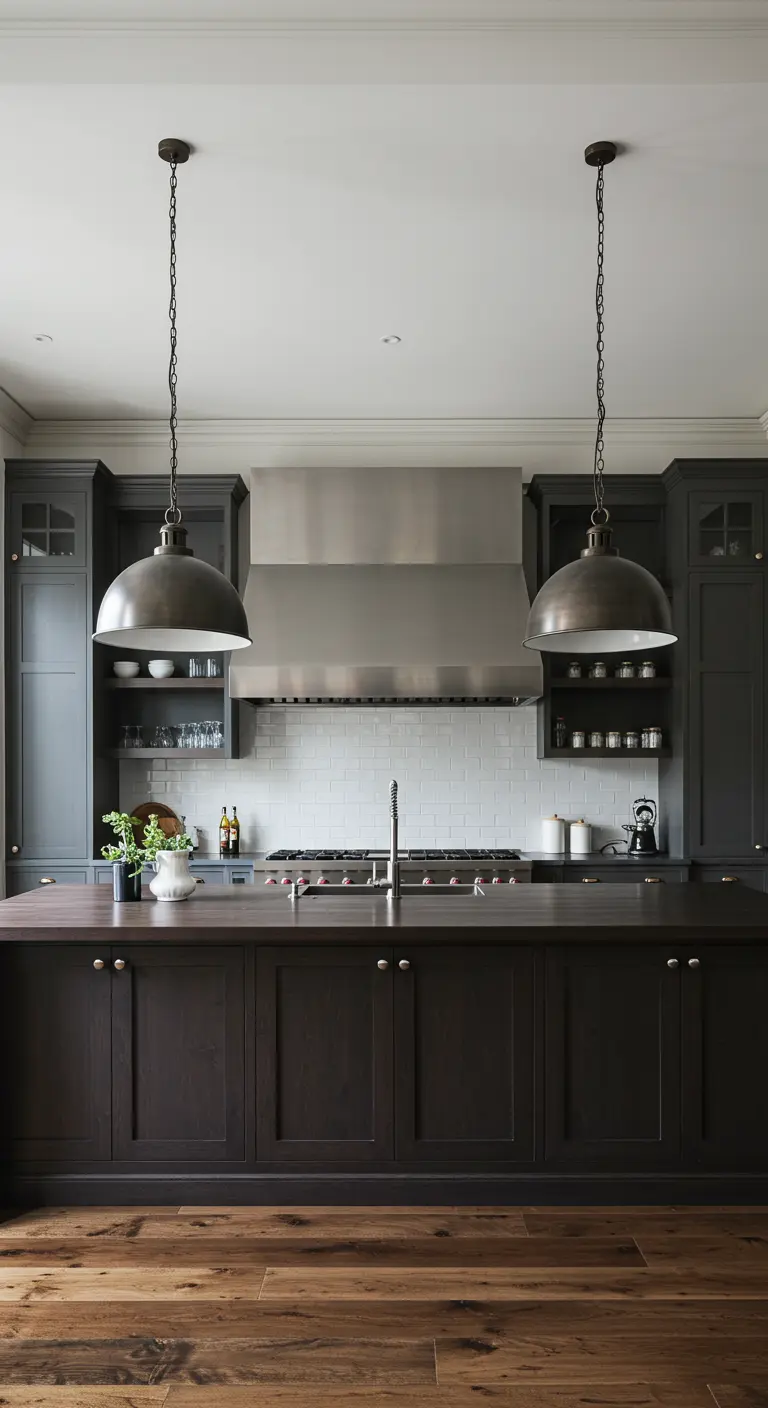 Cocina gris oscuro con una gran campana extractora de acero y lámparas industriales tipo cúpula.