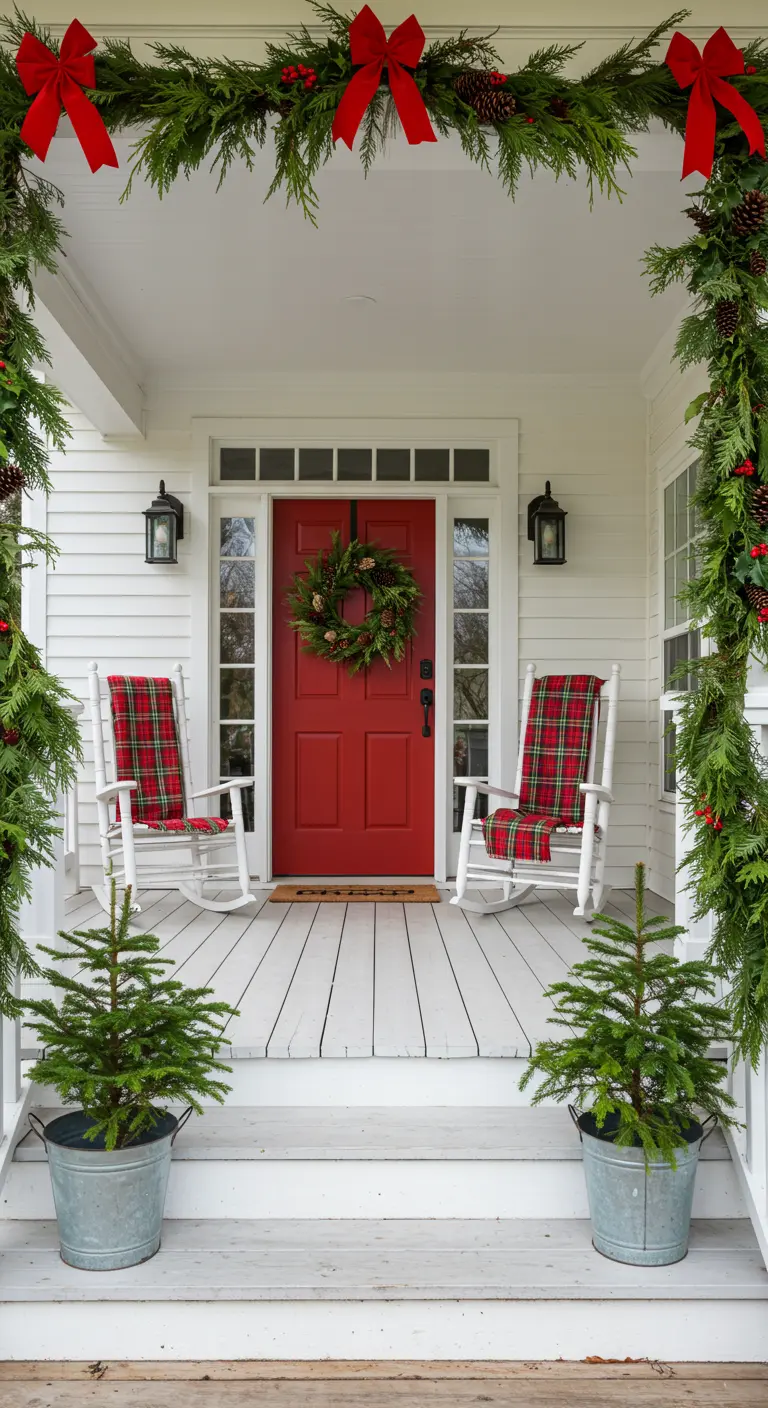Porche blanco con puerta roja, mecedoras con mantas de tartán y guirnaldas navideñas.