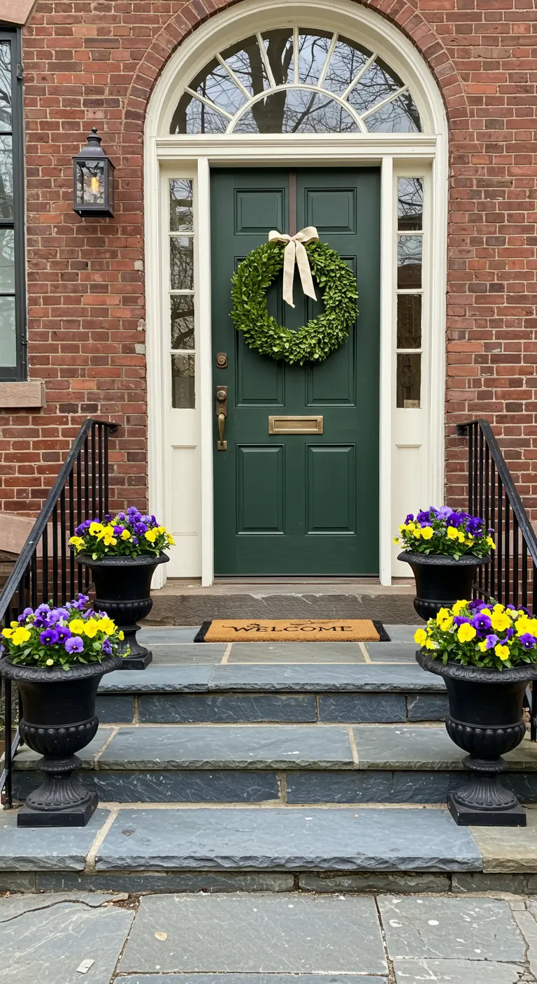 Entrada de ladrillo con puerta verde oscuro, corona de boj con lazo y urnas negras con pensamientos