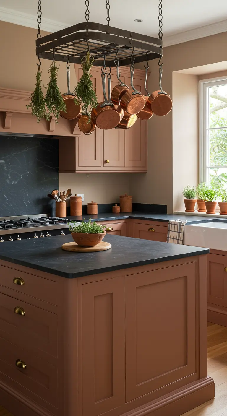 Cocina tradicional con gabinetes terracota, encimera negra y hierbas secas colgando.