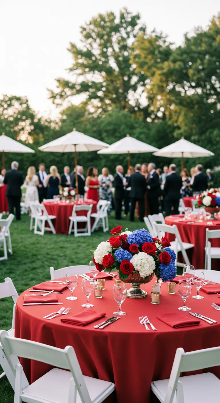 Centro de mesa con rosas rojas, hortensias azules y blancas en una fiesta de jardín.