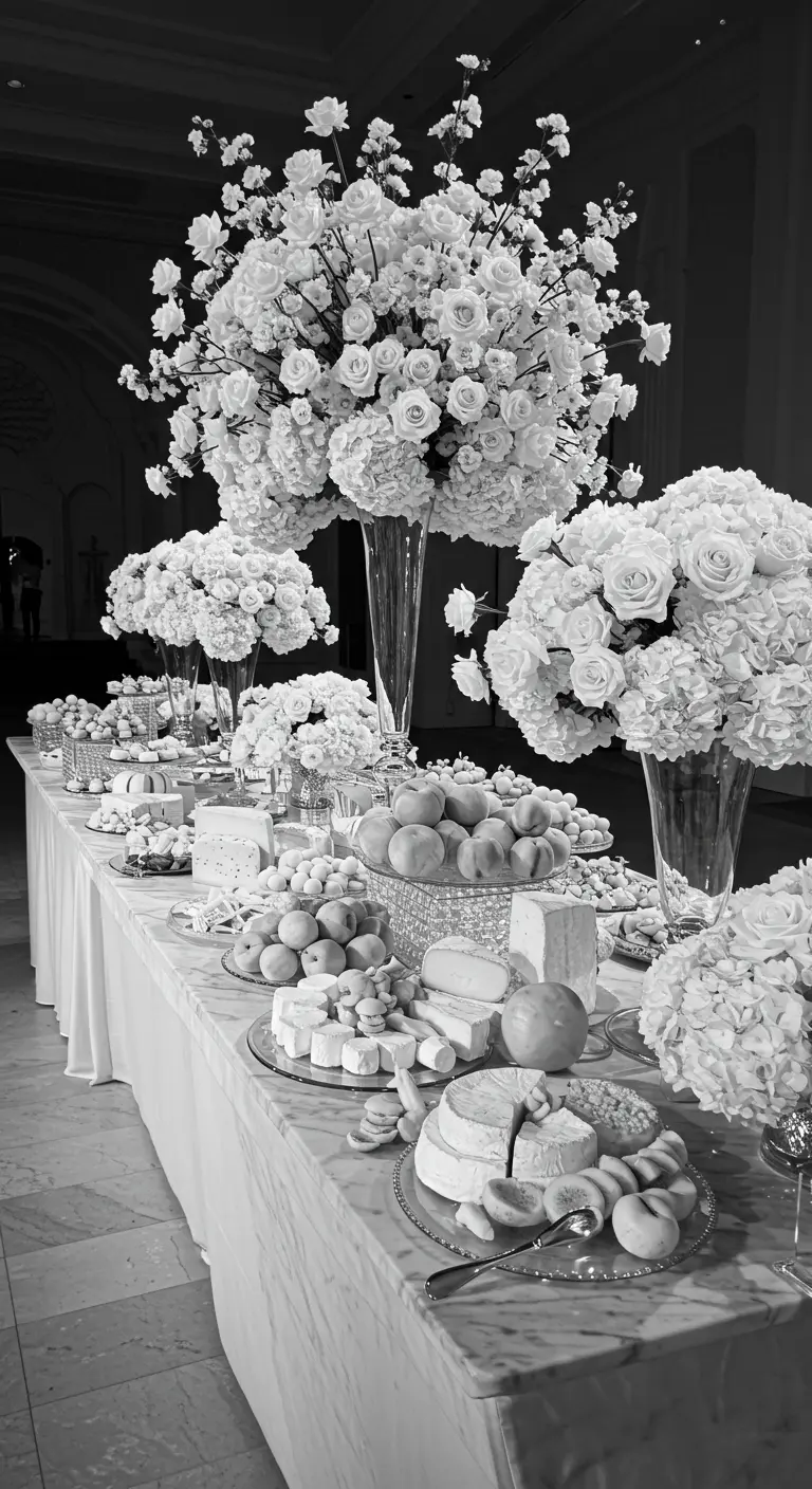 Foto en blanco y negro de una opulenta mesa de quesos con enormes arreglos florales blancos.