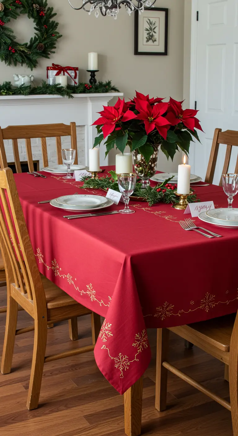 Mesa tradicional con mantel rojo bordado con copos de nieve dorados y una flor de pascua.