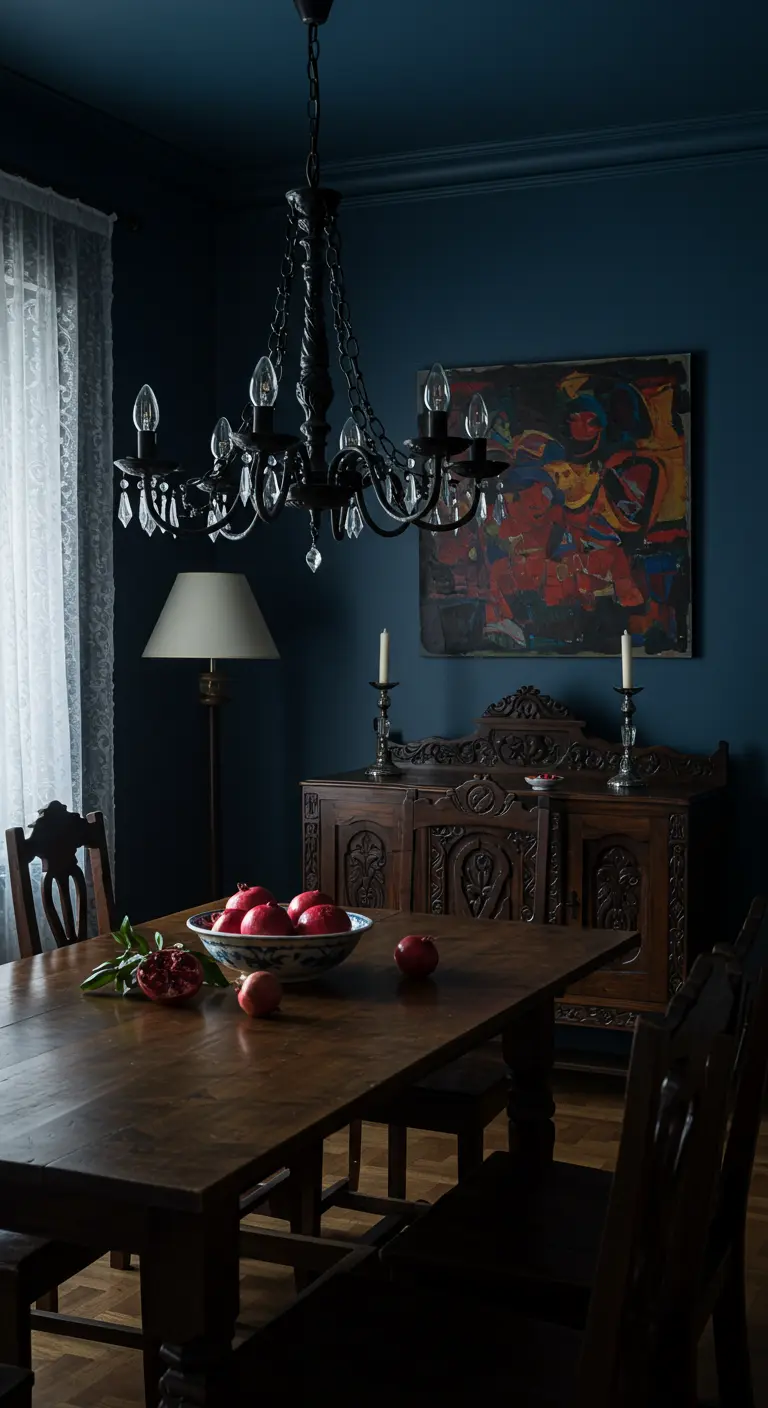 Comedor de ambiente íntimo con paredes oscuras, mueble tallado y un cuadro abstracto moderno.