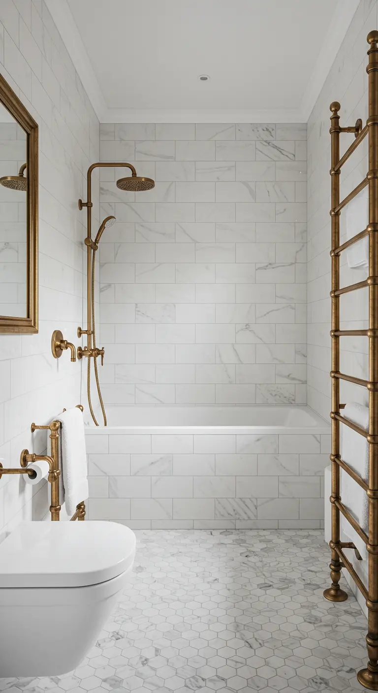 Baño clásico con azulejos de mármol blanco y una espectacular grifería y toallero de latón dorado.