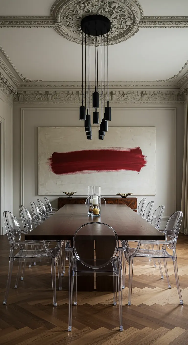 Comedor clásico con techo ornamentado, cuadro minimalista rojo y sillas transparentes.