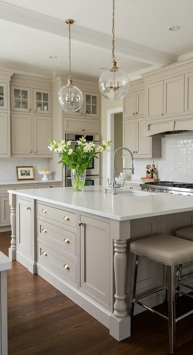 Cocina beige tradicional y elegante con grandes lámparas colgantes de cristal.