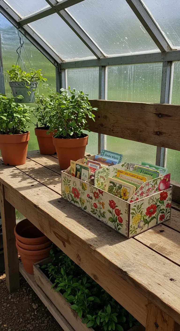 Caja de zapatos con estampado floral usada para organizar paquetes de semillas en un invernadero.
