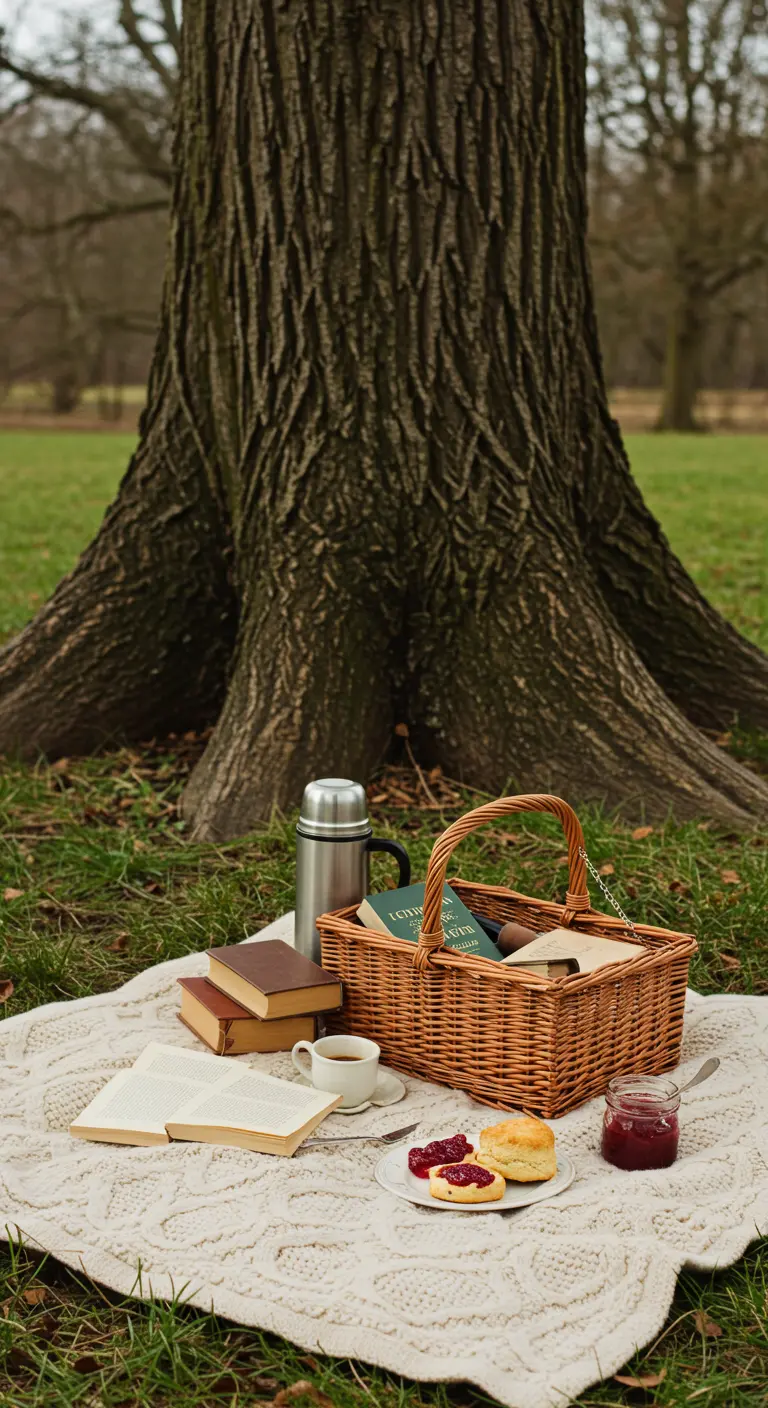 Picnic con temática de lectura, con libros, té y scones sobre una manta de punto.