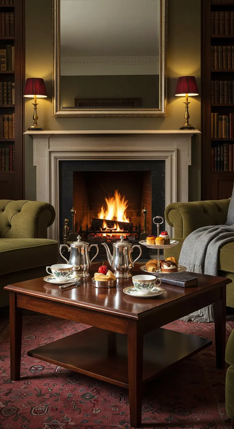 Mesa de té de madera frente a una chimenea encendida en una biblioteca clásica con sofás verdes.