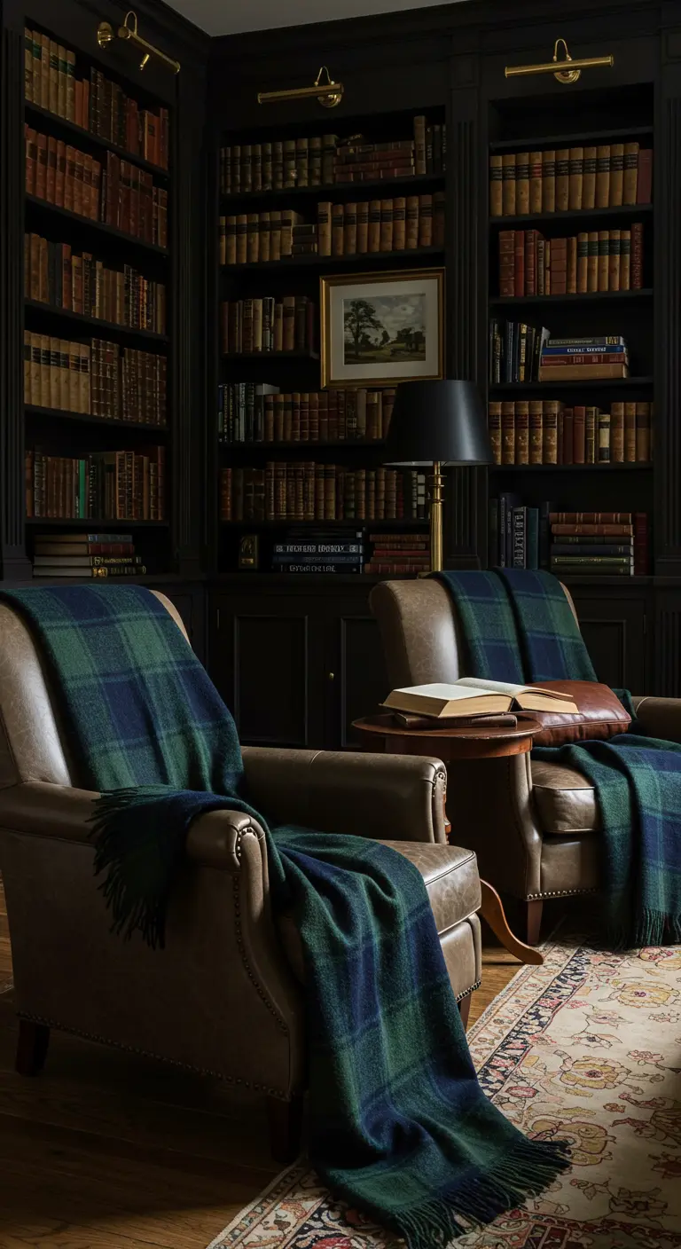 Biblioteca oscura con sillones de cuero y mantas de lana a cuadros verdes y azules.