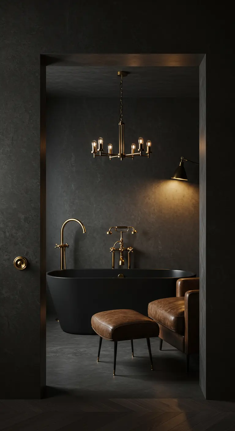 Baño oscuro y sofisticado con bañera negra, butaca de cuero y lámparas doradas.