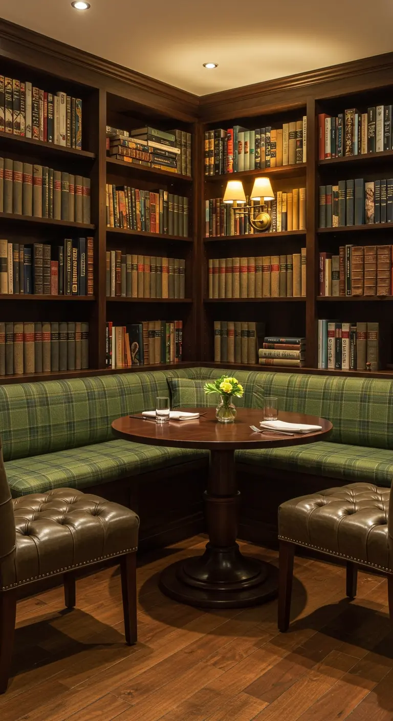 Comedor integrado en una biblioteca con estanterías de madera y banco con tapizado de cuadros.