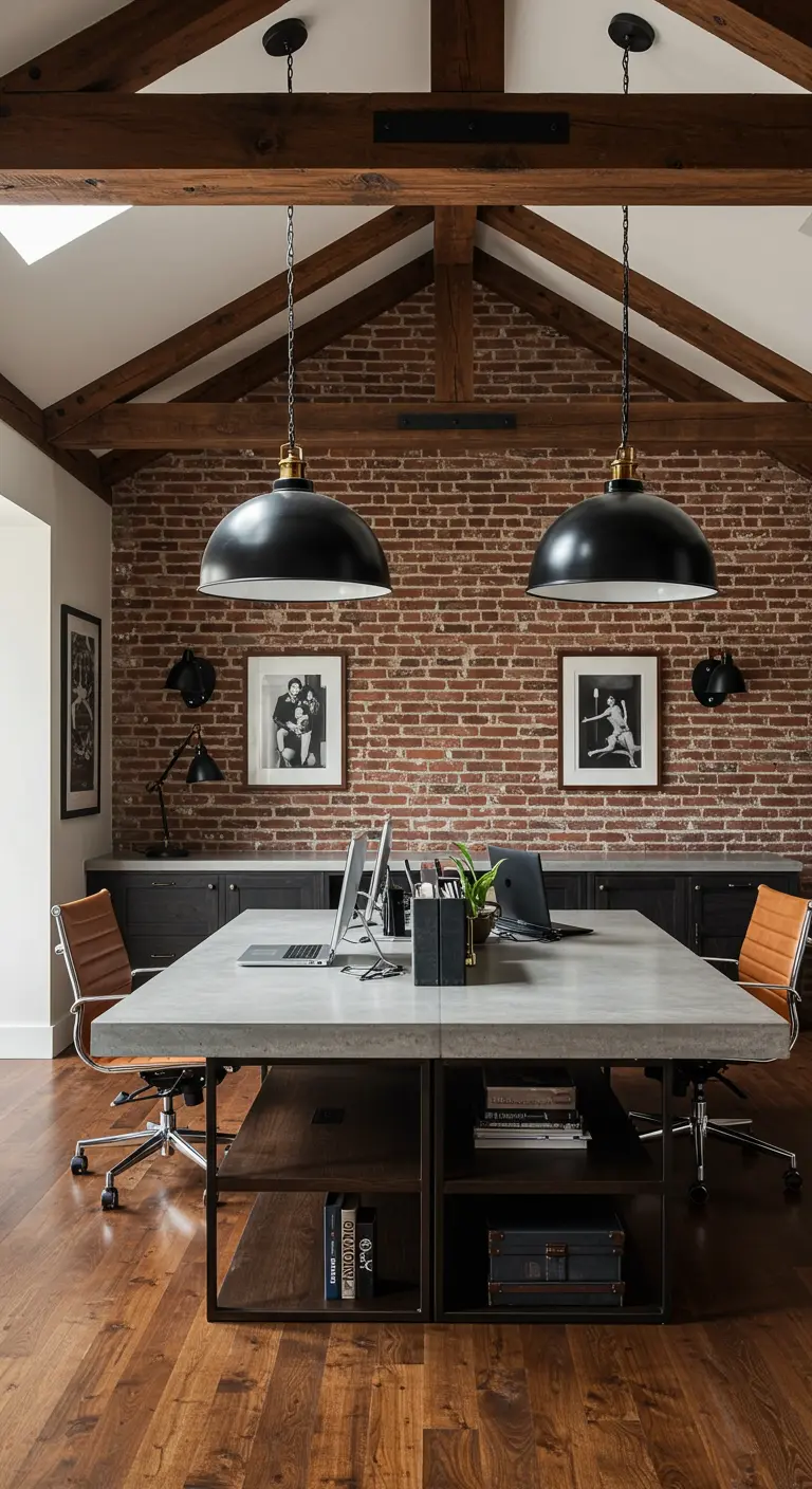 Espacio de trabajo compartido con una gran mesa de hormigón, lámparas industriales y pared de ladrillo.