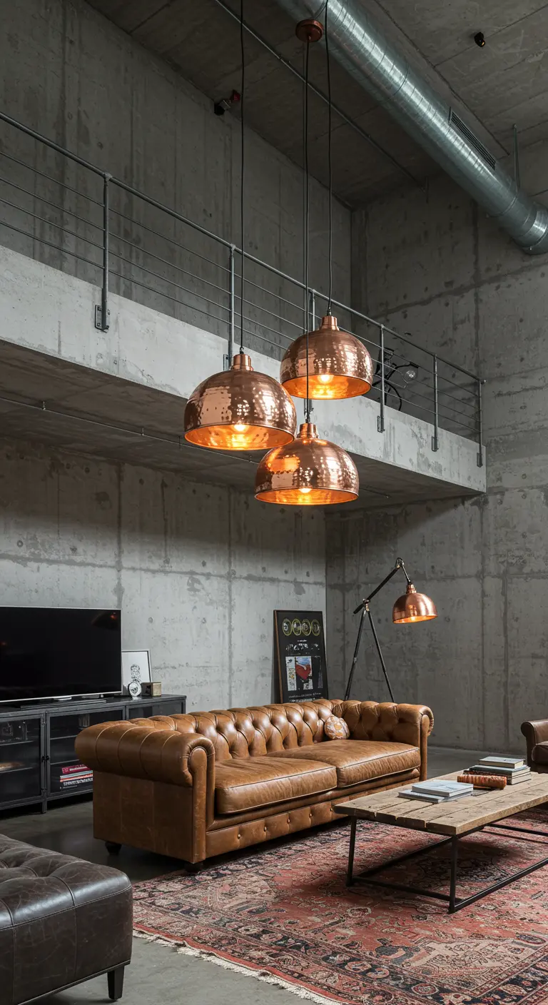 Sala de estar industrial con sofá de cuero y tres lámparas colgantes de cobre martillado.