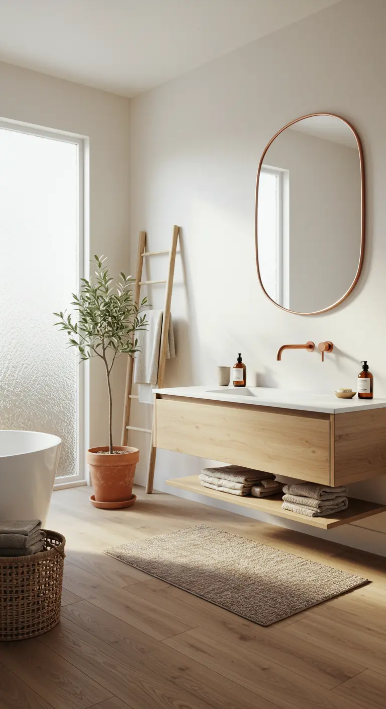 Baño minimalista con lavabo de madera clara, espejo ovalado con marco de cobre y planta.