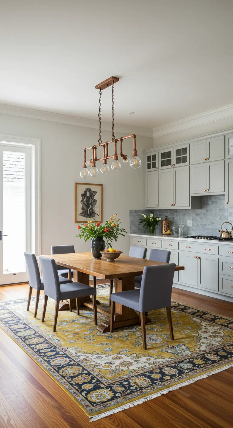 Comedor con alfombra amarilla y lámpara DIY hecha con tuberías de cobre sobre la mesa.