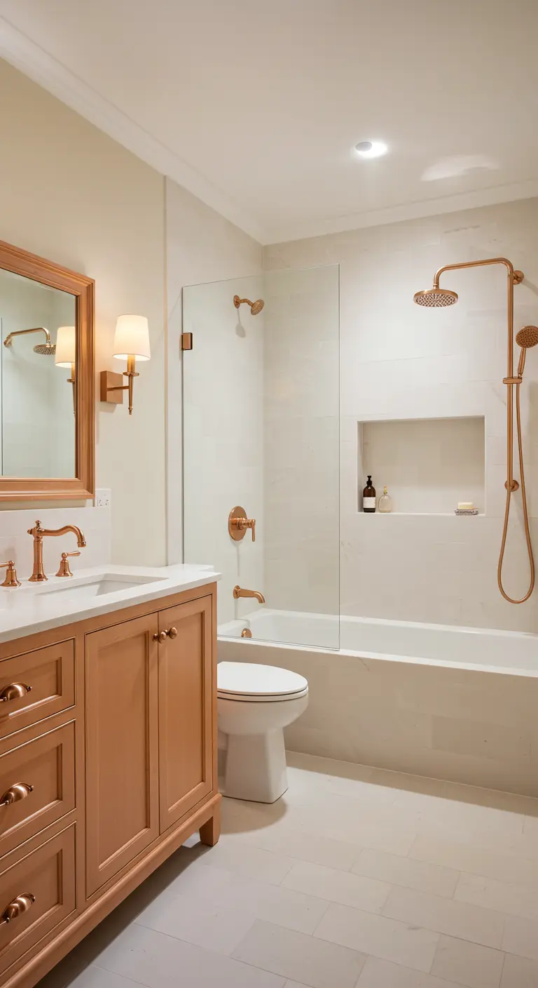 Baño con azulejos blancos y grifería y ducha de cobre