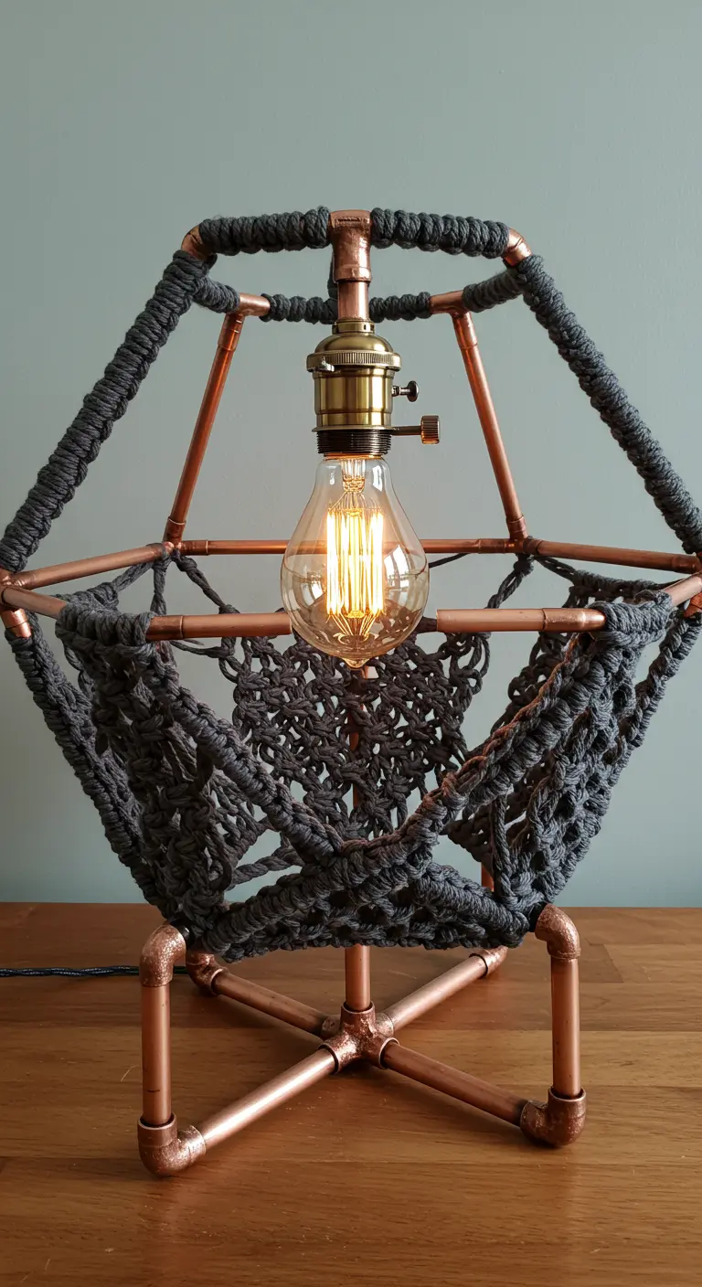 Lámpara de mesa industrial con estructura de cobre y pantalla de macramé gris.